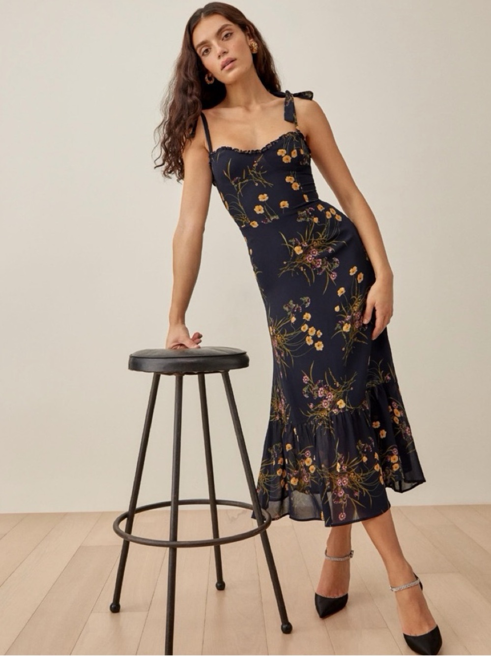 Reformation Nikita Midi Mademoiselle Navy Floral Tank Tie Strap Dress Size 4